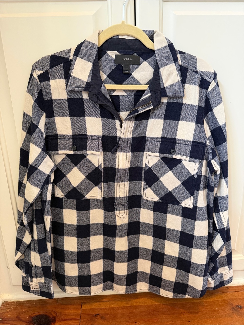 J. Crew Navy and White Plaid Half-Zip Shirt Jacket cotton wool blend large
